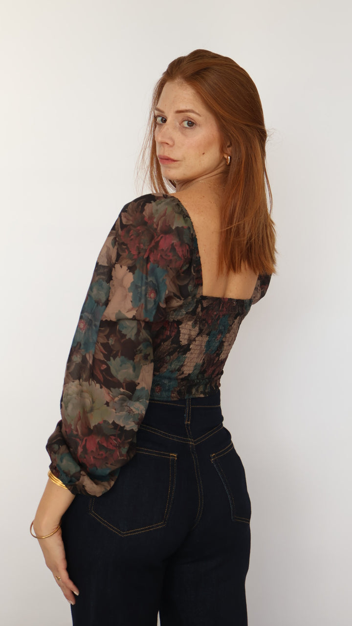 Floral Balloon Sleeve Crop Top