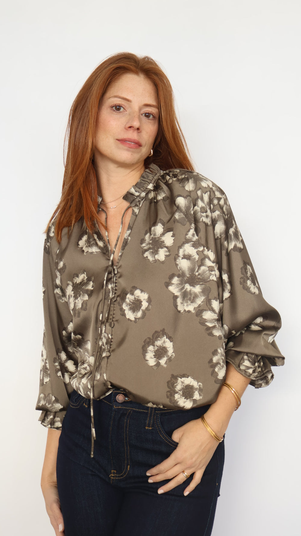 Satin Floral Boho Bell Sleeve Blouse