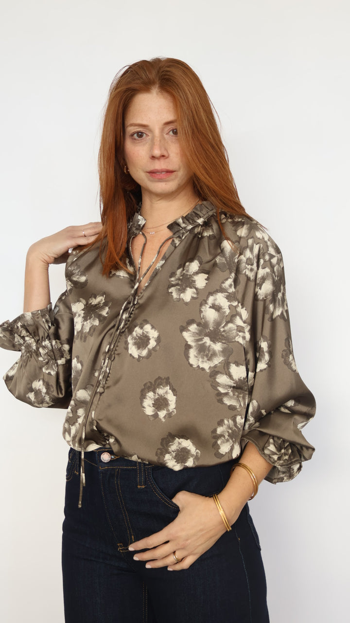 Satin Floral Boho Bell Sleeve Blouse