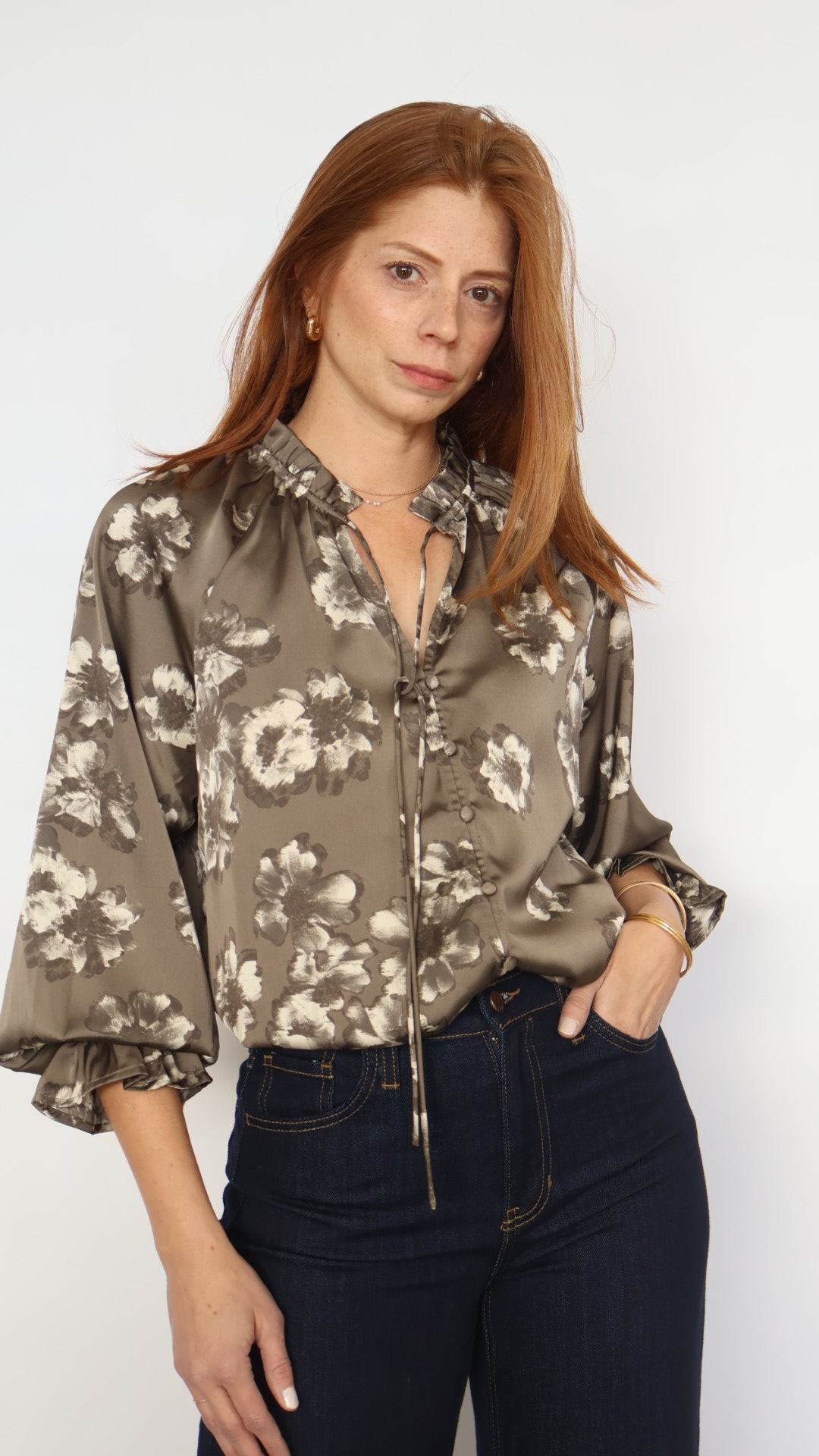 Satin Floral Boho Bell Sleeve Blouse