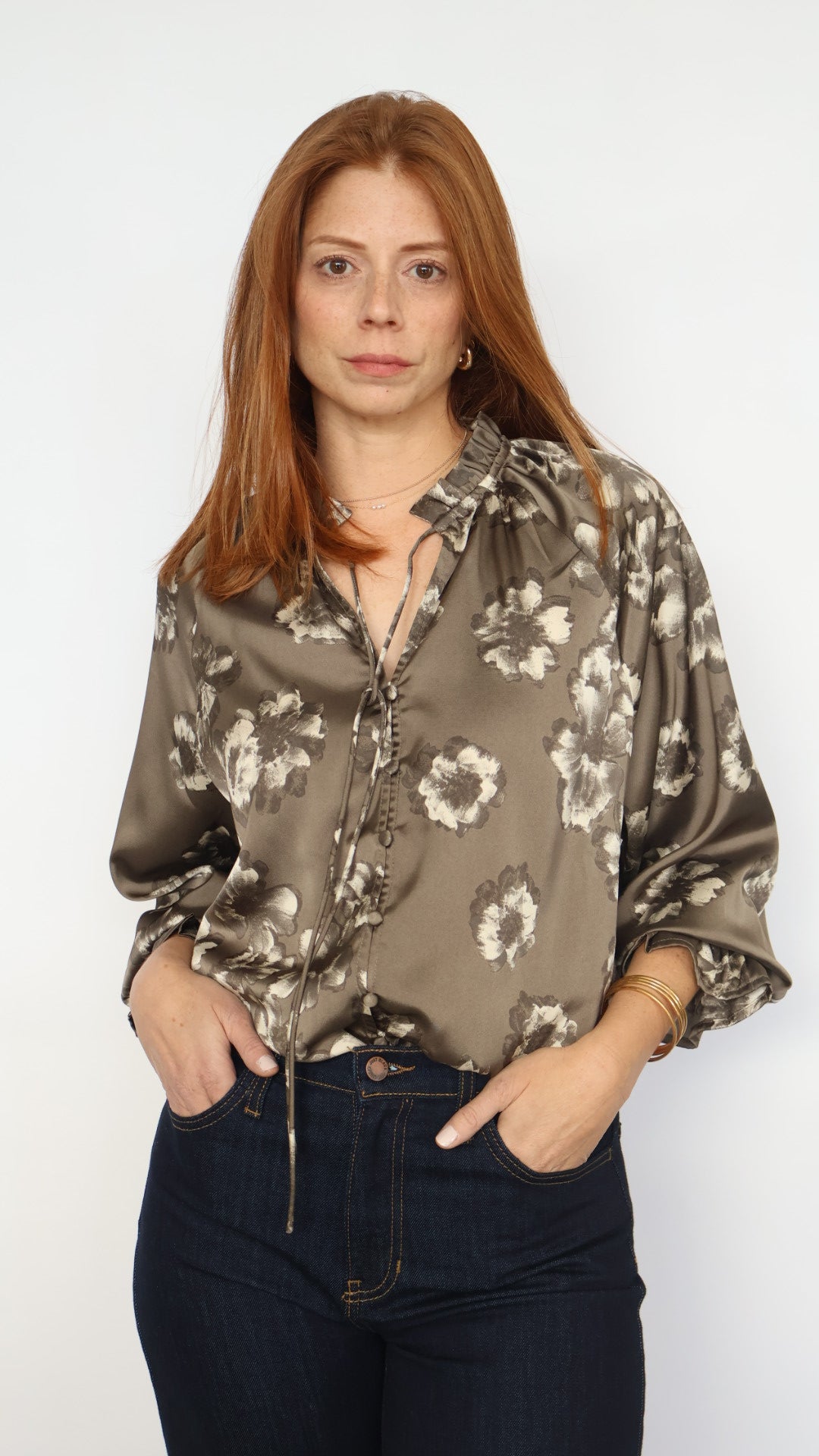 Satin Floral Boho Bell Sleeve Blouse