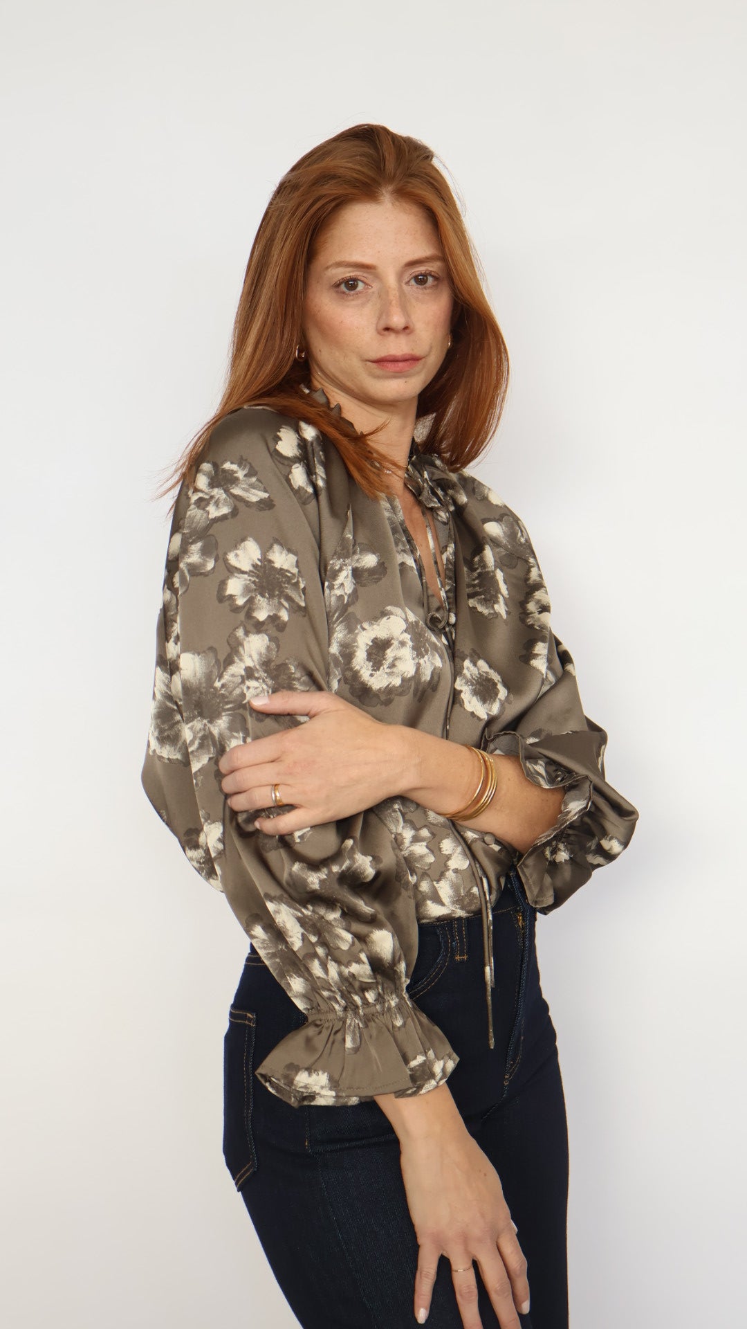 Satin Floral Boho Bell Sleeve Blouse