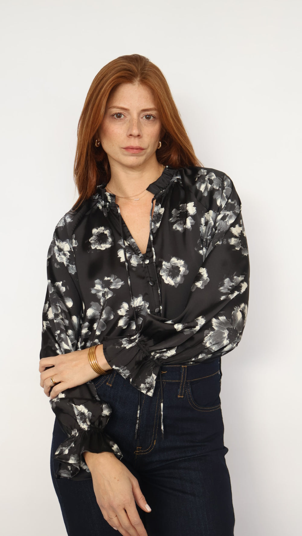 Satin Floral Boho Bell Sleeve Blouse