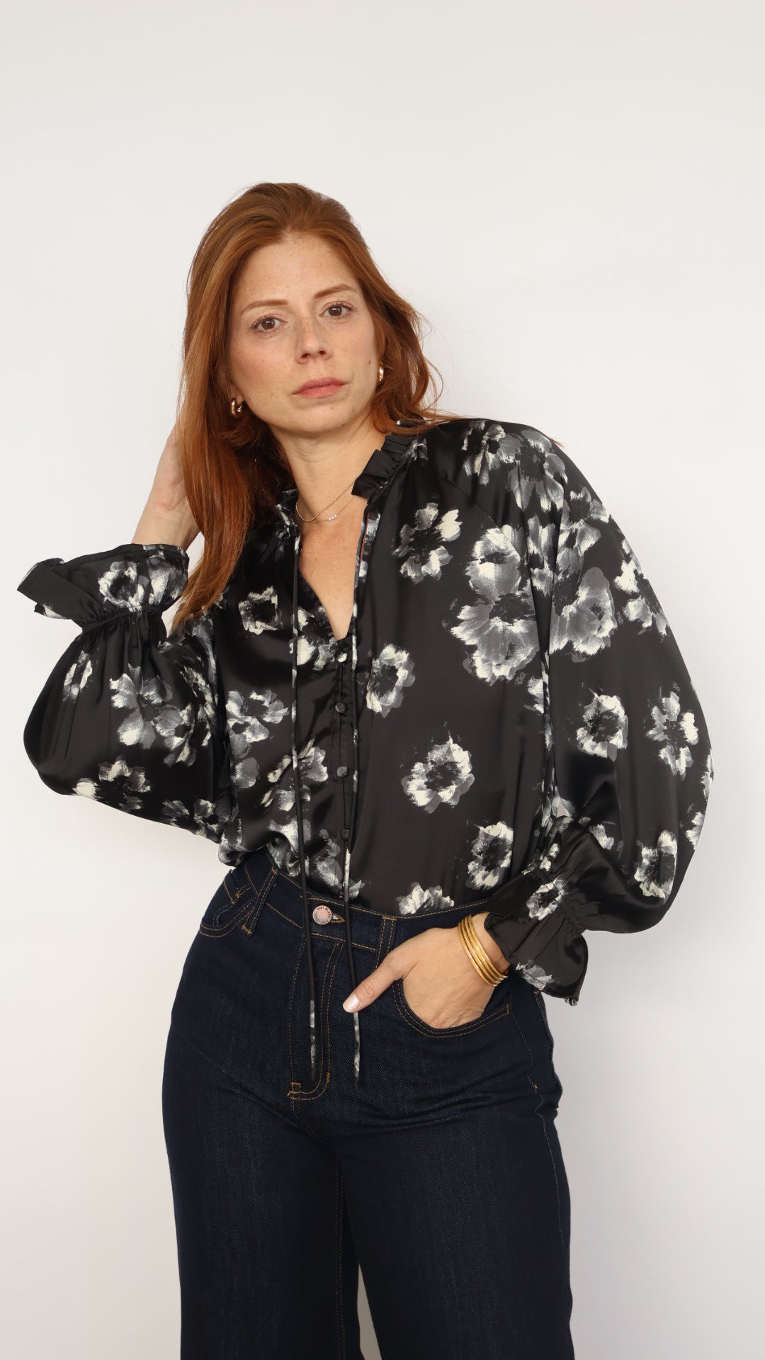 Satin Floral Boho Bell Sleeve Blouse