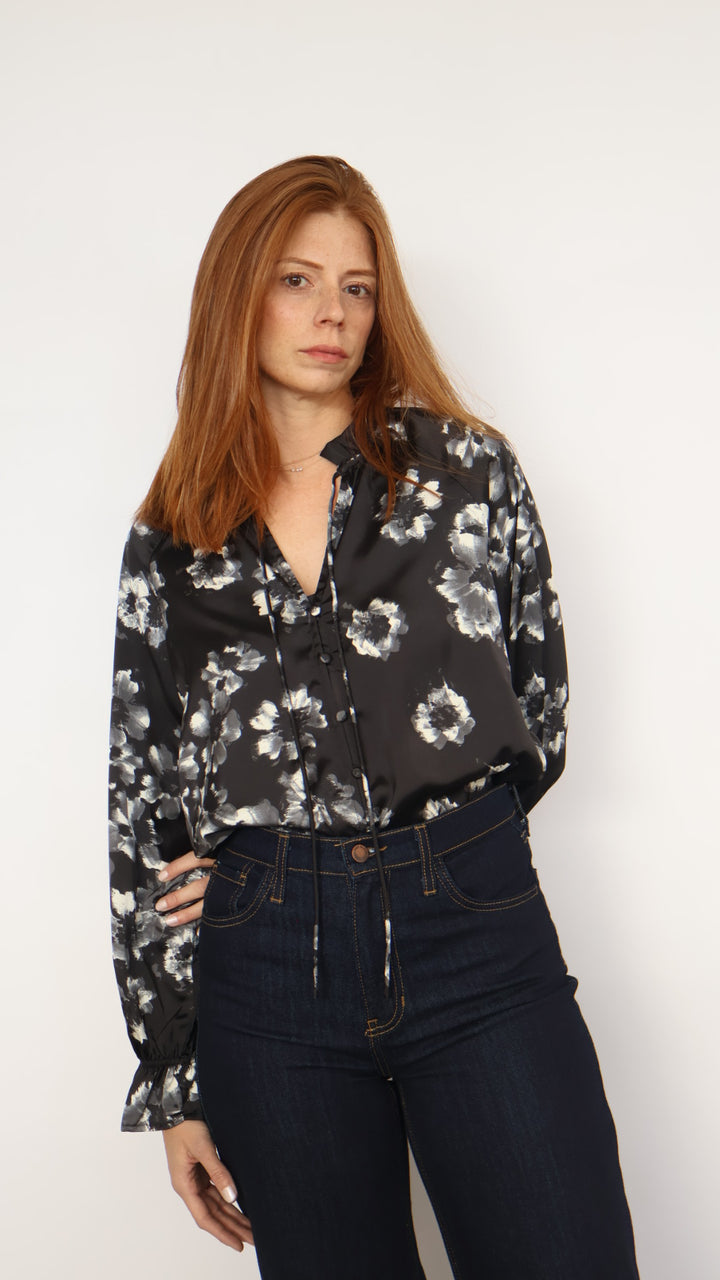Satin Floral Boho Bell Sleeve Blouse