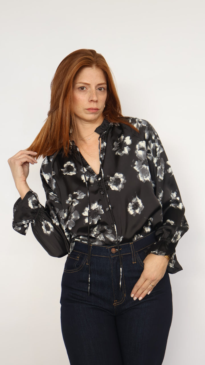 Satin Floral Boho Bell Sleeve Blouse