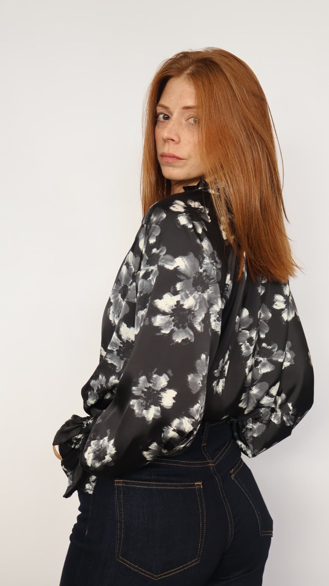Satin Floral Boho Bell Sleeve Blouse