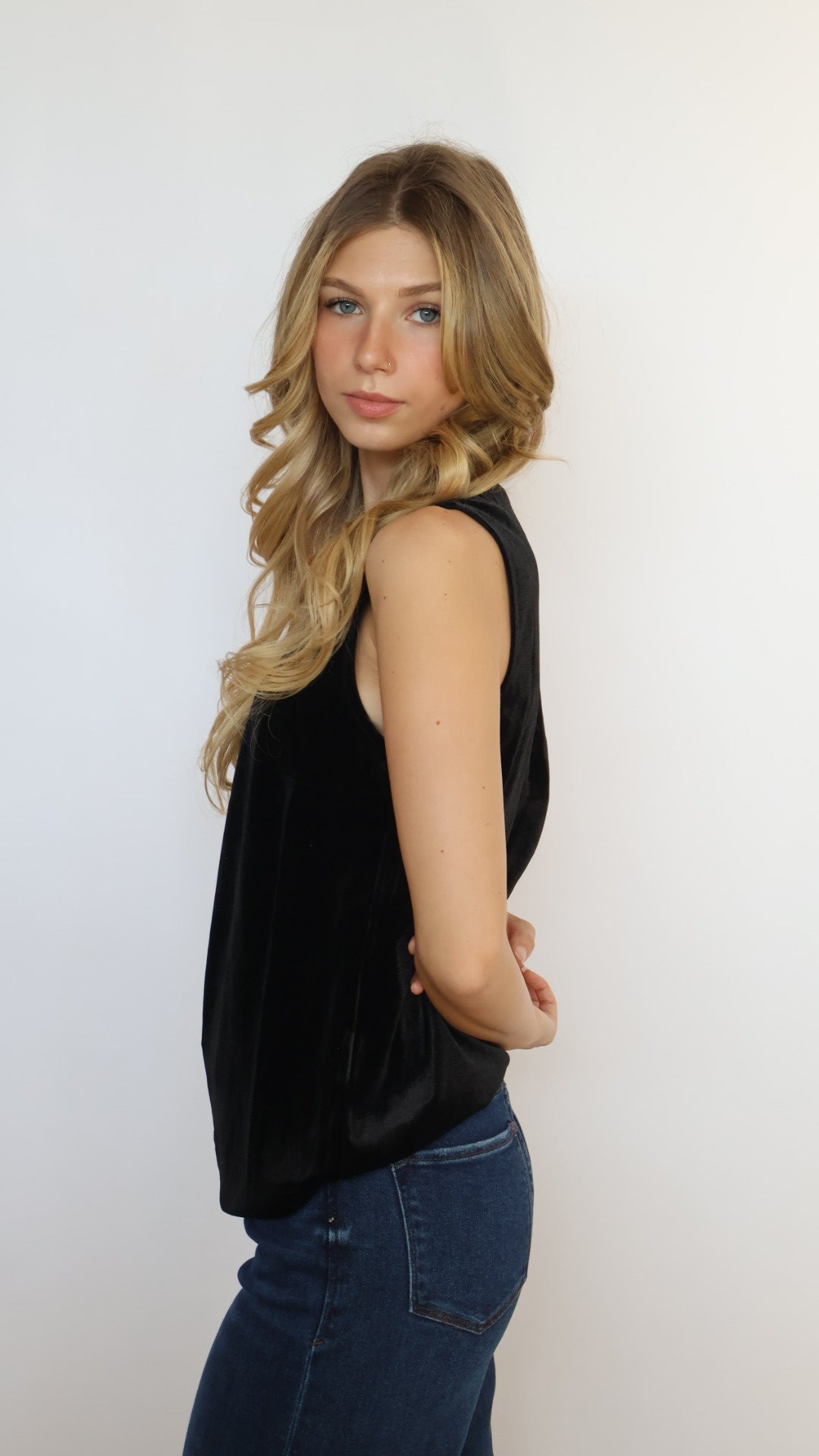 Jenni Sleeveless V Neck Velvet Top