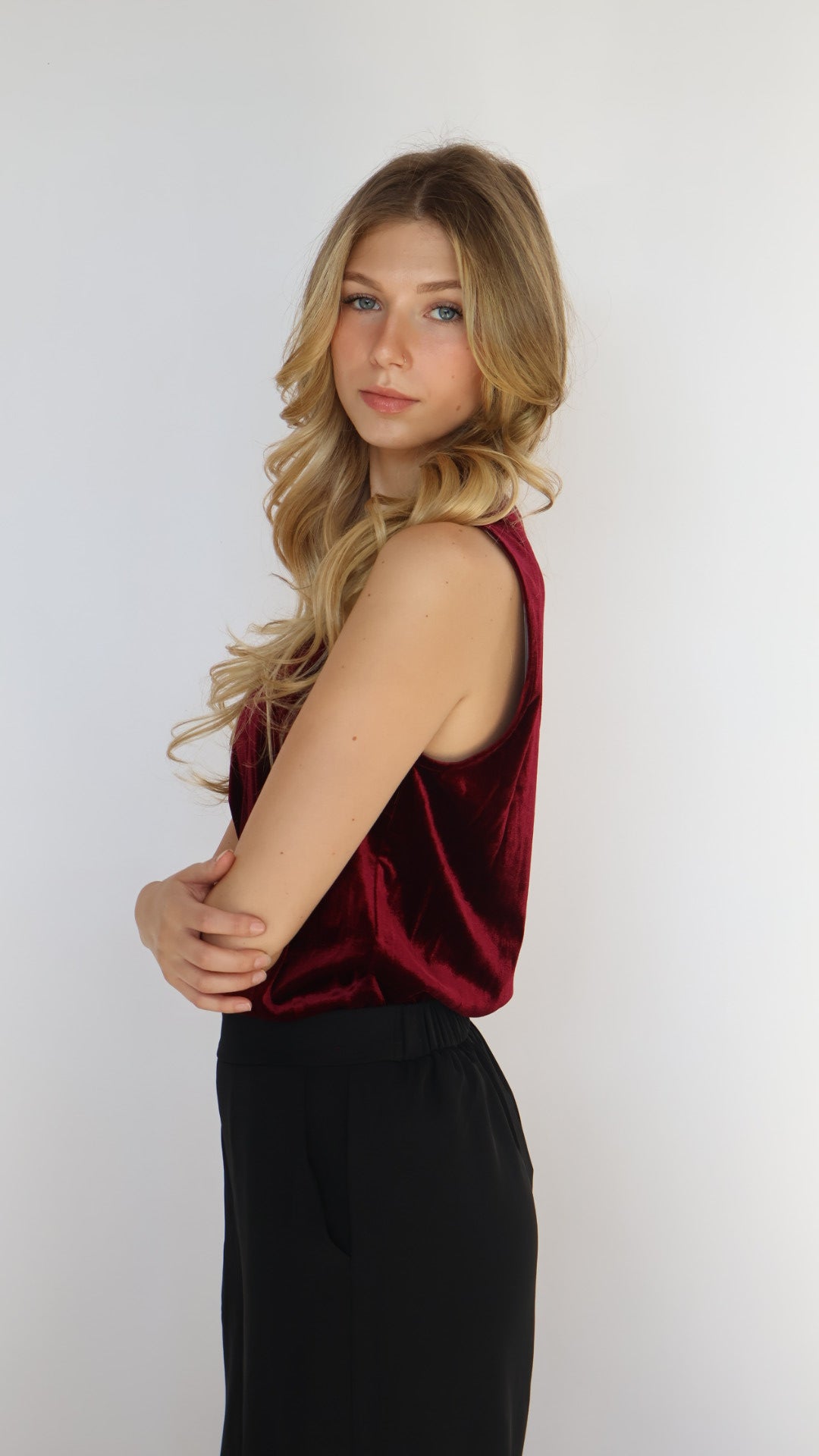 Jenni Sleeveless V Neck Velvet Top