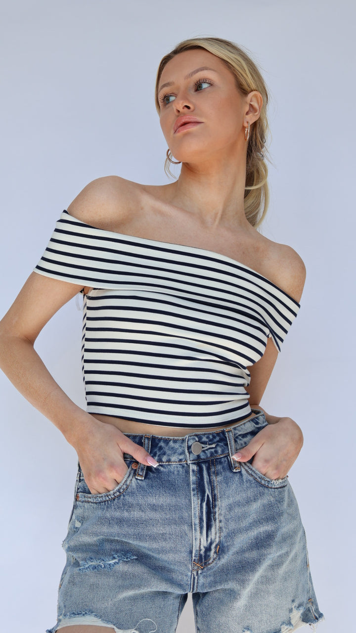 Cropped Stripe Off Shoulder Top