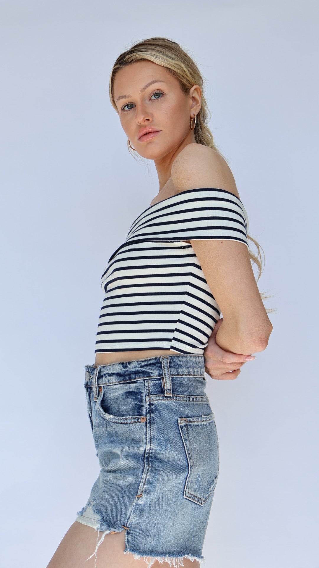 Cropped Stripe Off Shoulder Top