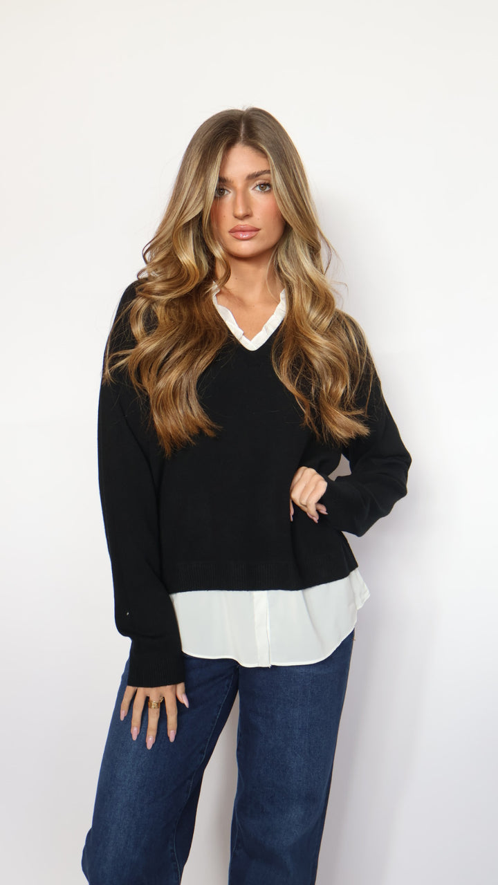 Pinch Ruffle V-Neck Twofer Sweater
