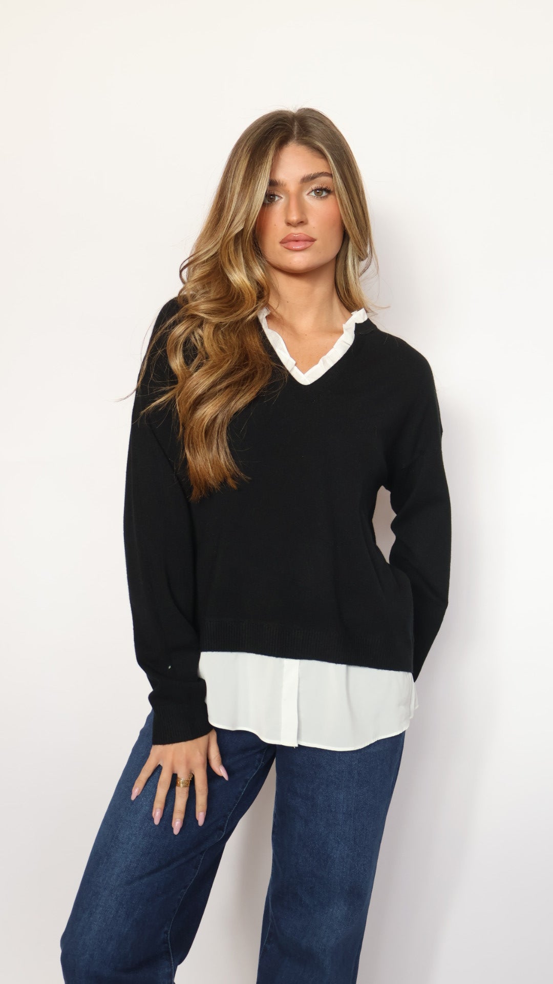 Pinch Ruffle V-Neck Twofer Sweater