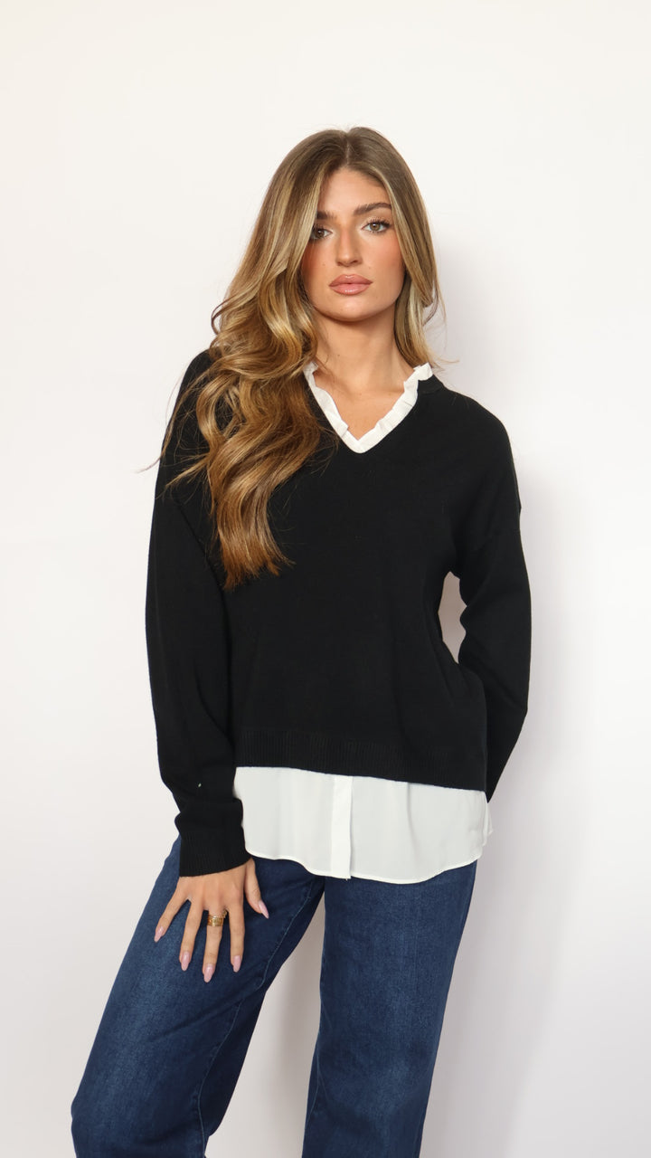 Pinch Ruffle V-Neck Twofer Sweater
