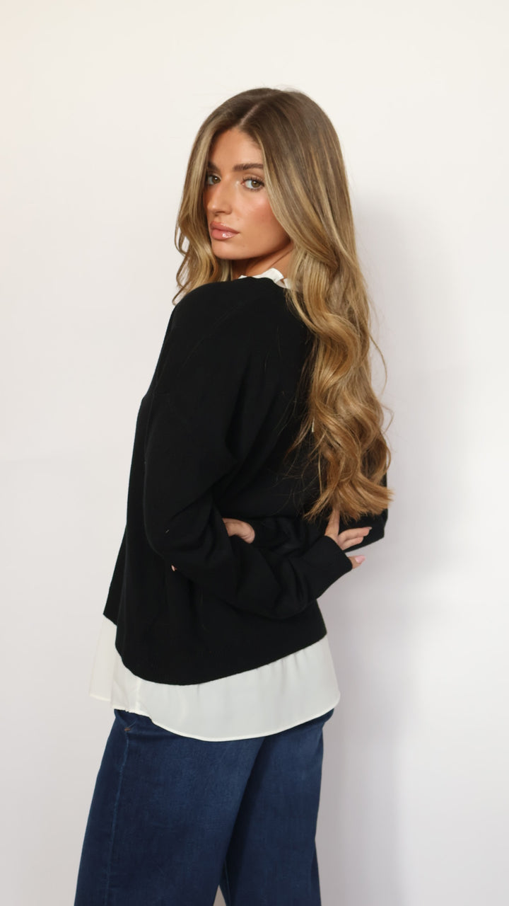 Pinch Ruffle V-Neck Twofer Sweater