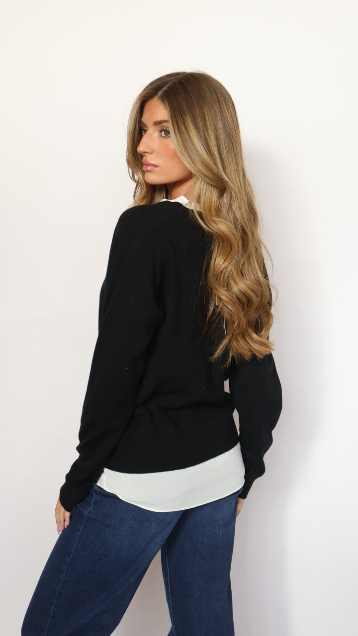 Pinch Ruffle V-Neck Twofer Sweater