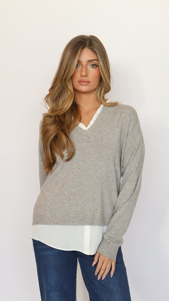 Pinch Ruffle V-Neck Twofer Sweater