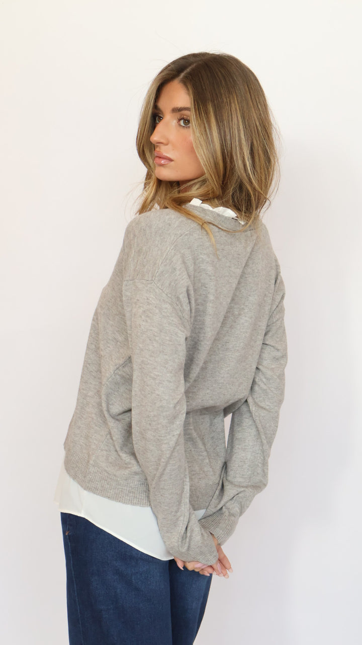 Pinch Ruffle V-Neck Twofer Sweater