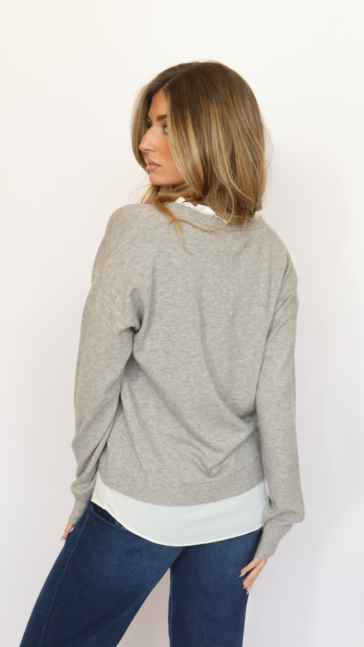 Pinch Ruffle V-Neck Twofer Sweater