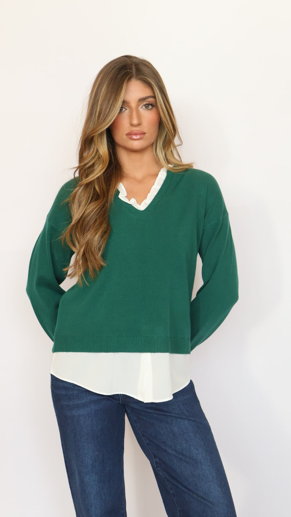 Pinch Ruffle V-Neck Twofer Sweater