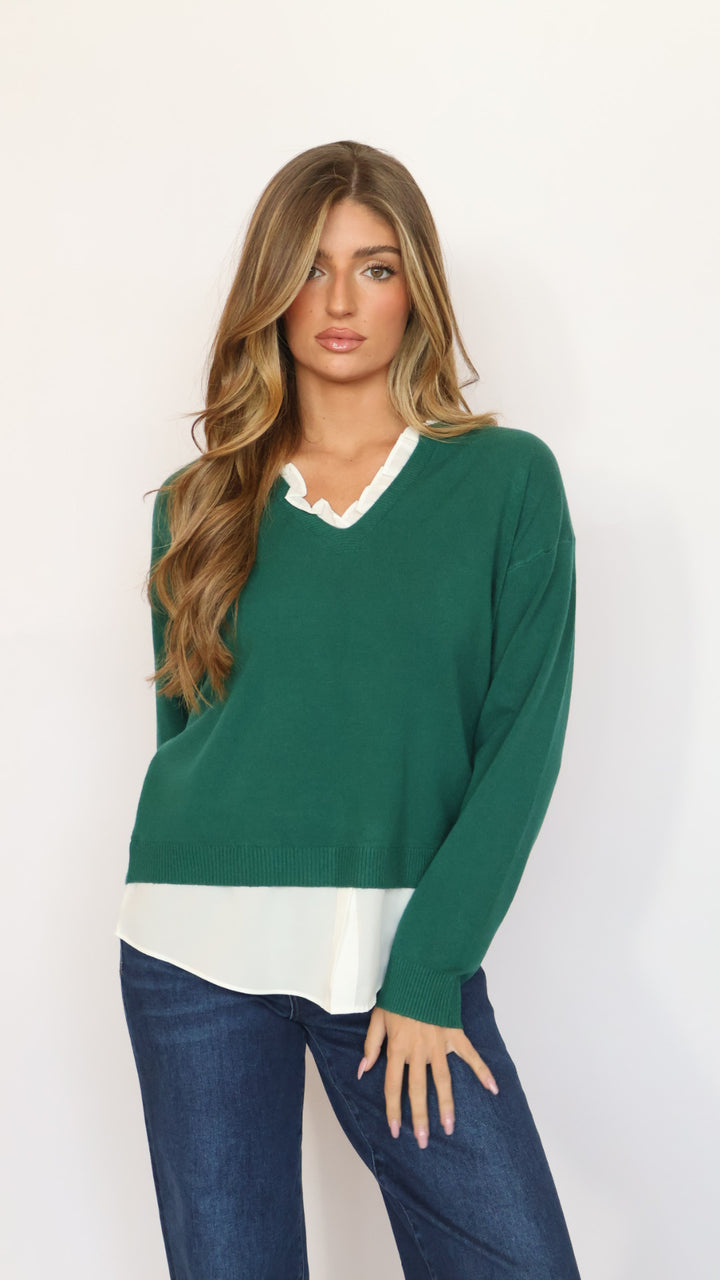 Pinch Ruffle V-Neck Twofer Sweater