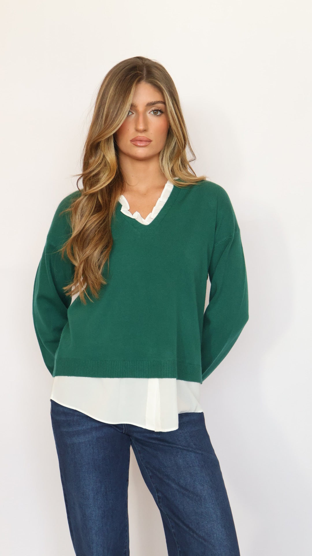 Pinch Ruffle V-Neck Twofer Sweater