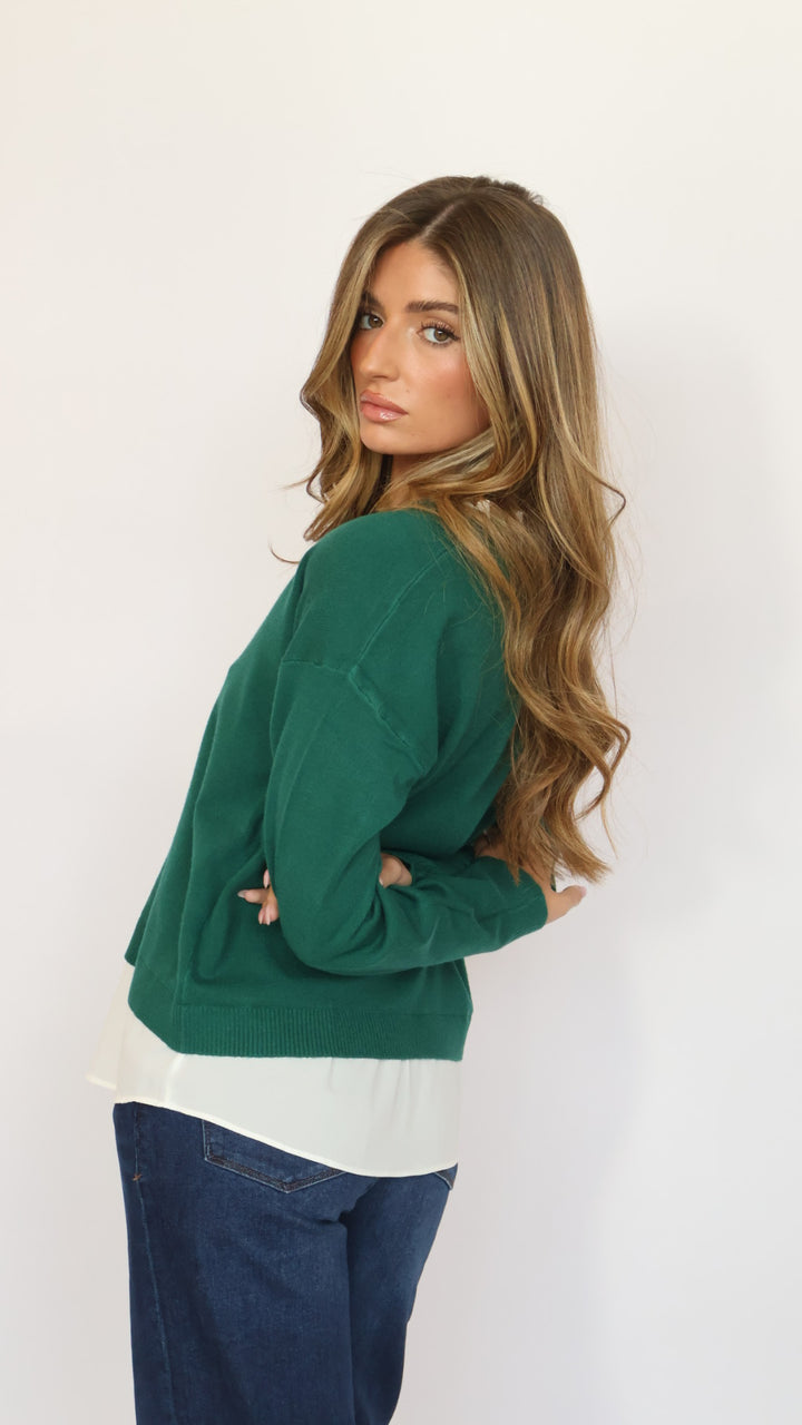 Pinch Ruffle V-Neck Twofer Sweater