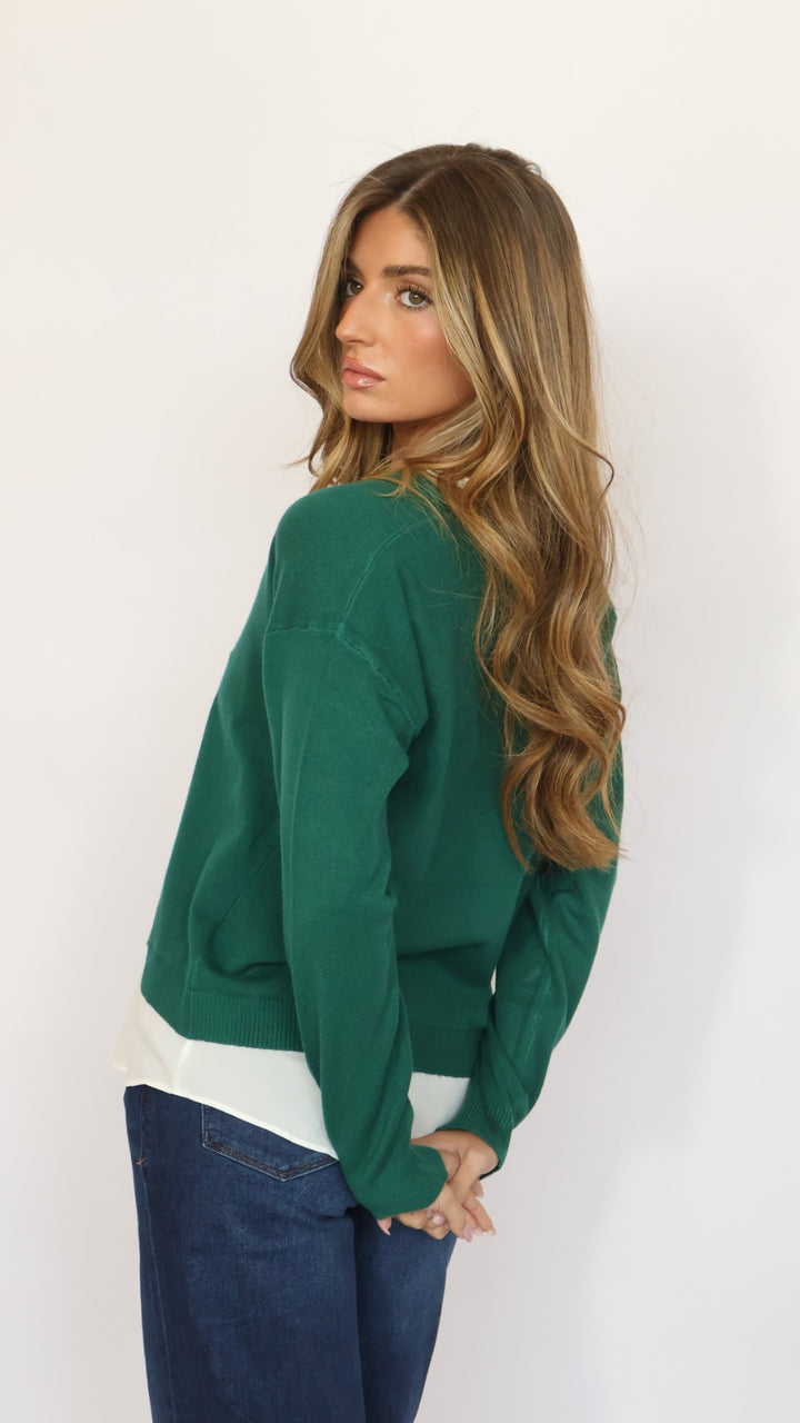 Pinch Ruffle V-Neck Twofer Sweater