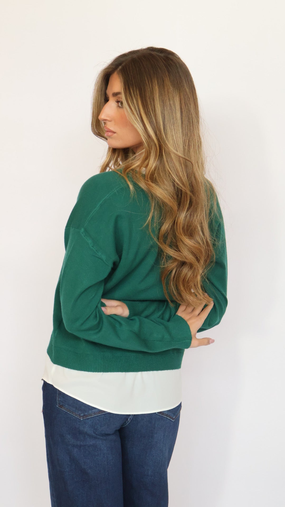 Pinch Ruffle V-Neck Twofer Sweater