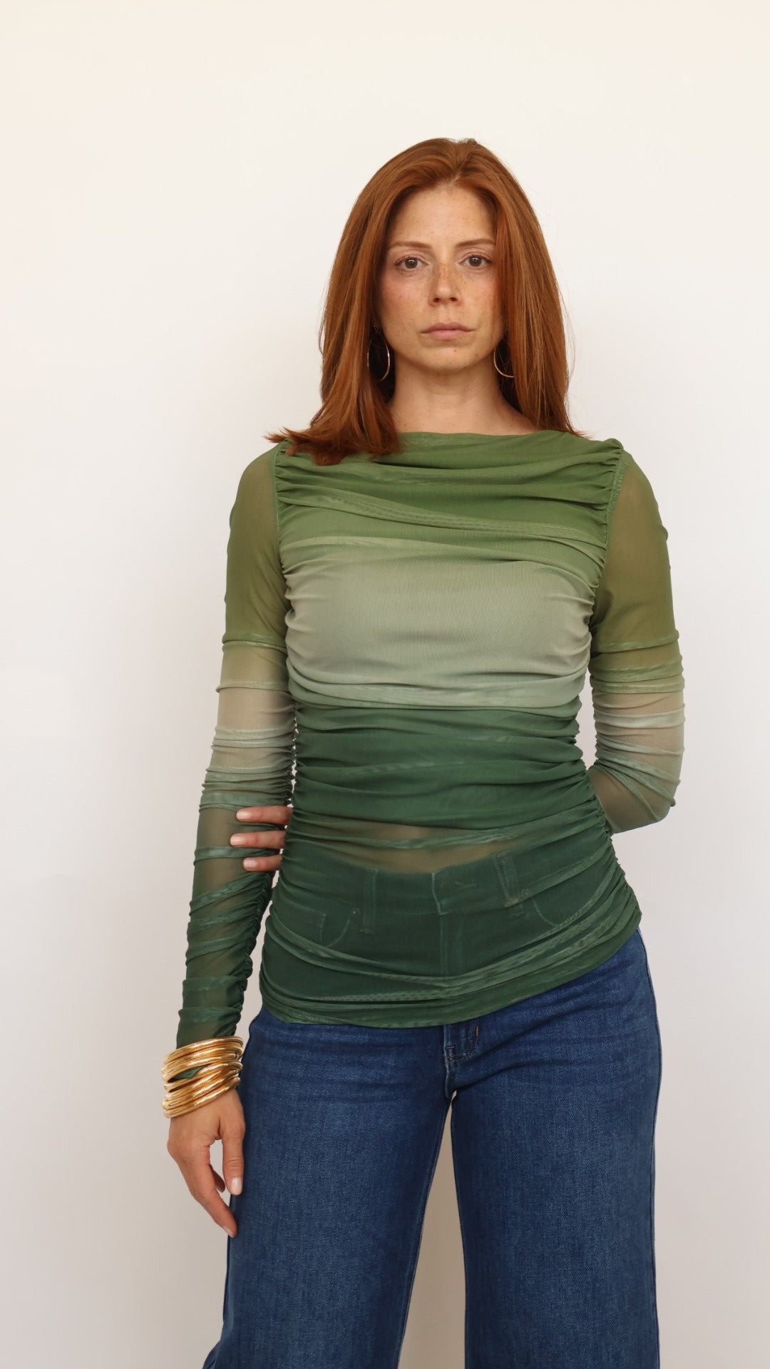 Ombre Ruched Mesh Long Sleeve Top