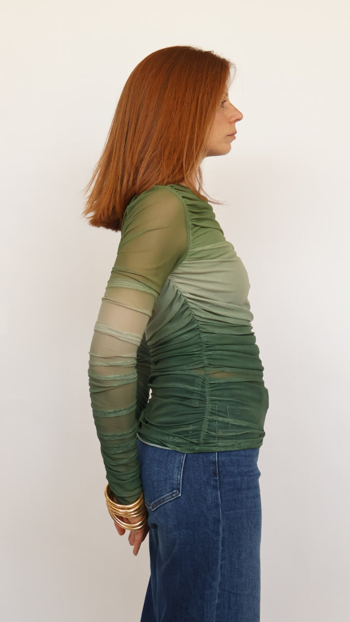 Ombre Ruched Mesh Long Sleeve Top