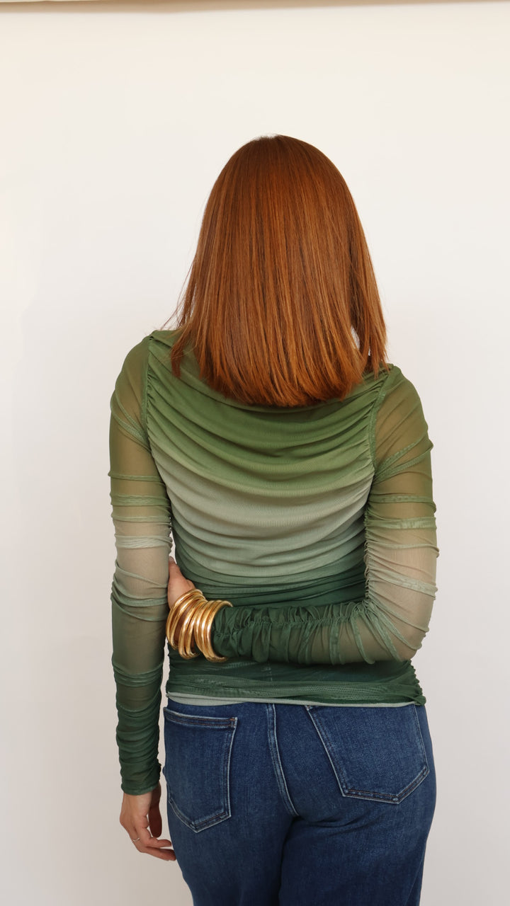 Ombre Ruched Mesh Long Sleeve Top