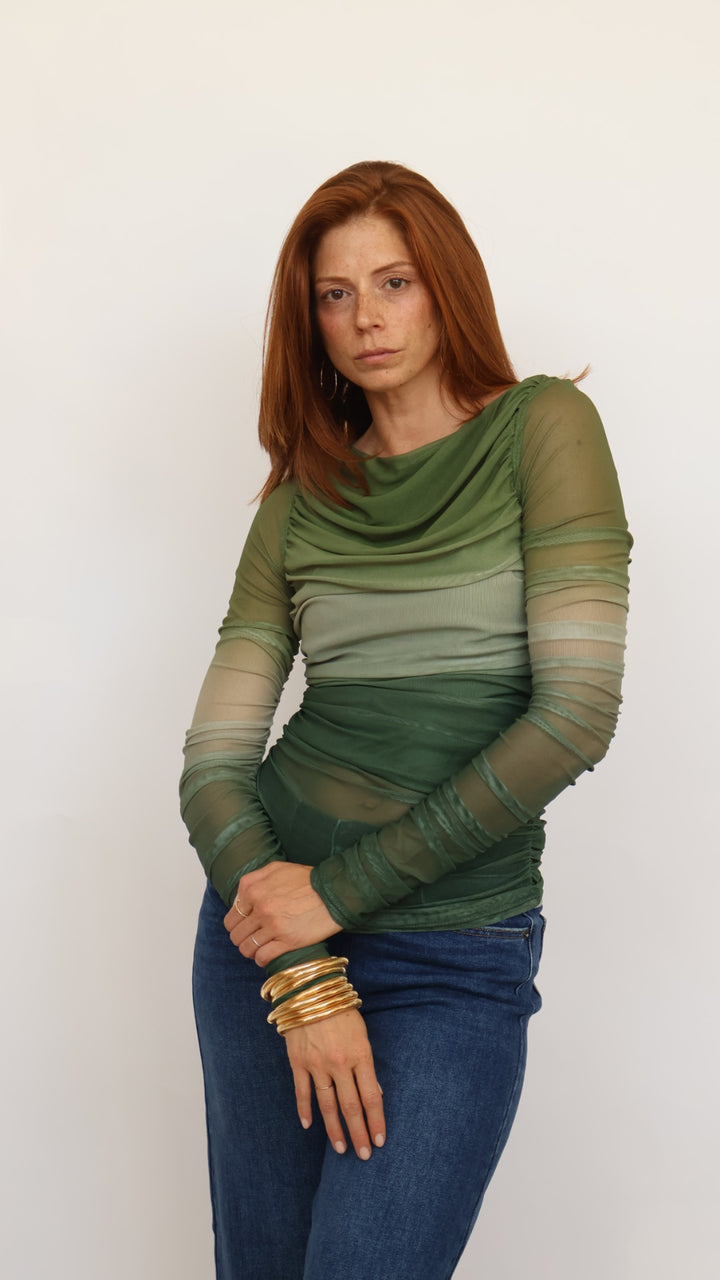 Ombre Ruched Mesh Long Sleeve Top
