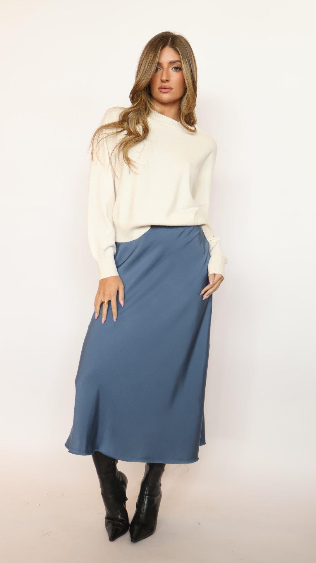 Blue Satin Midi Skirt