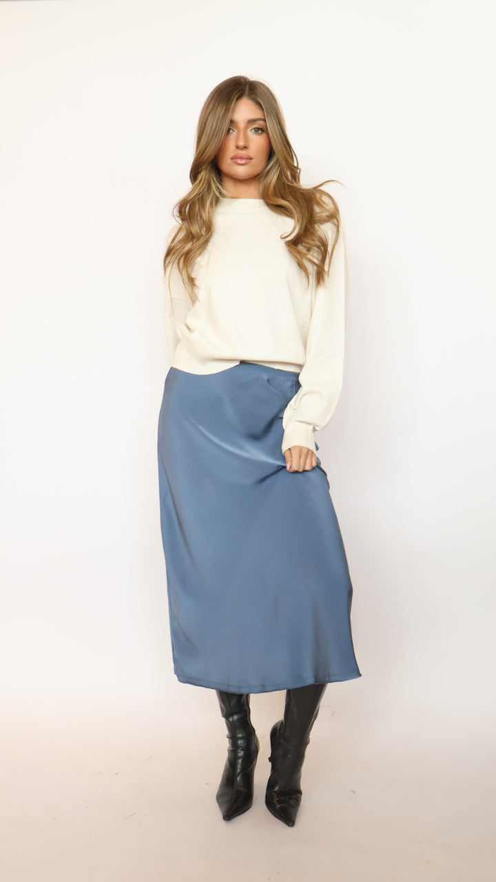 Blue Satin Midi Skirt