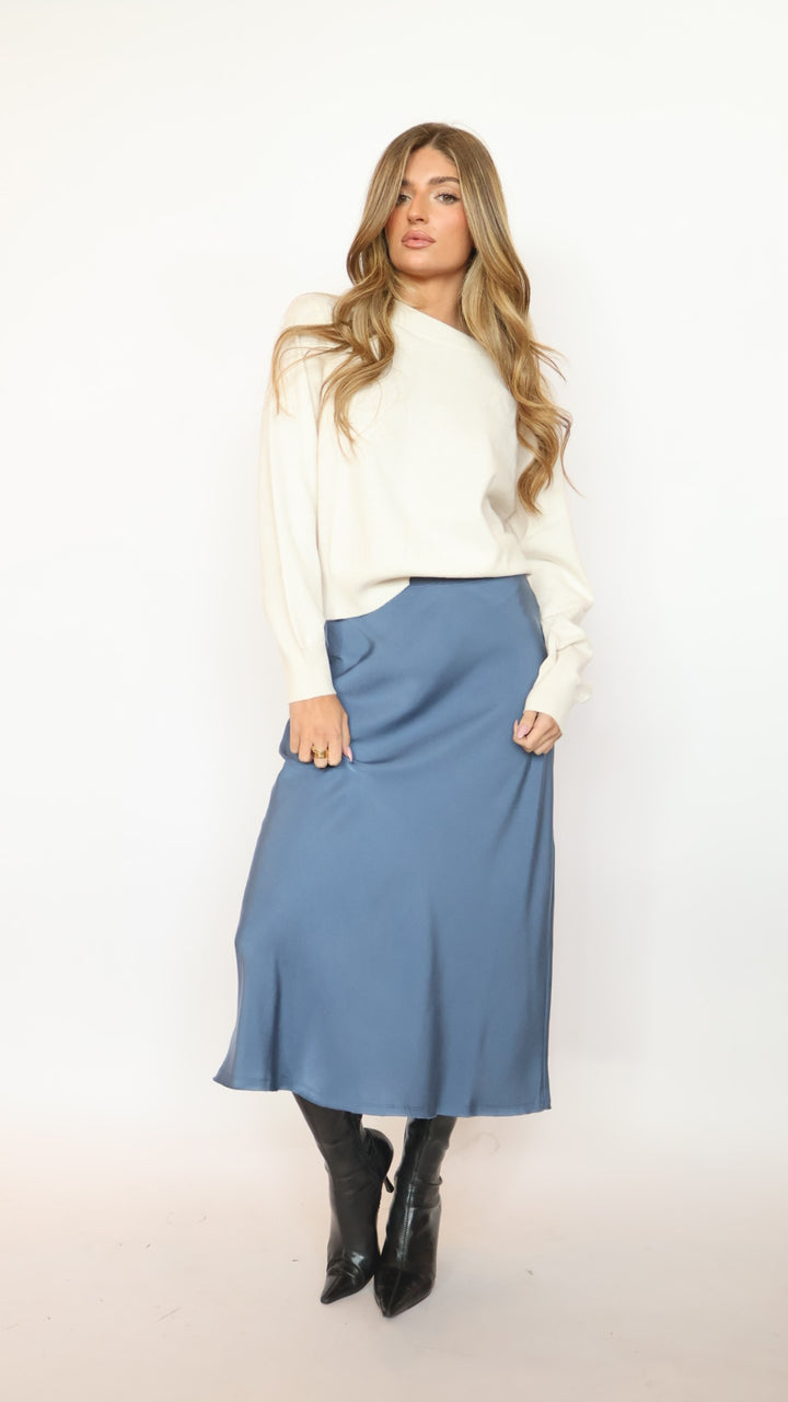 Blue Satin Midi Skirt
