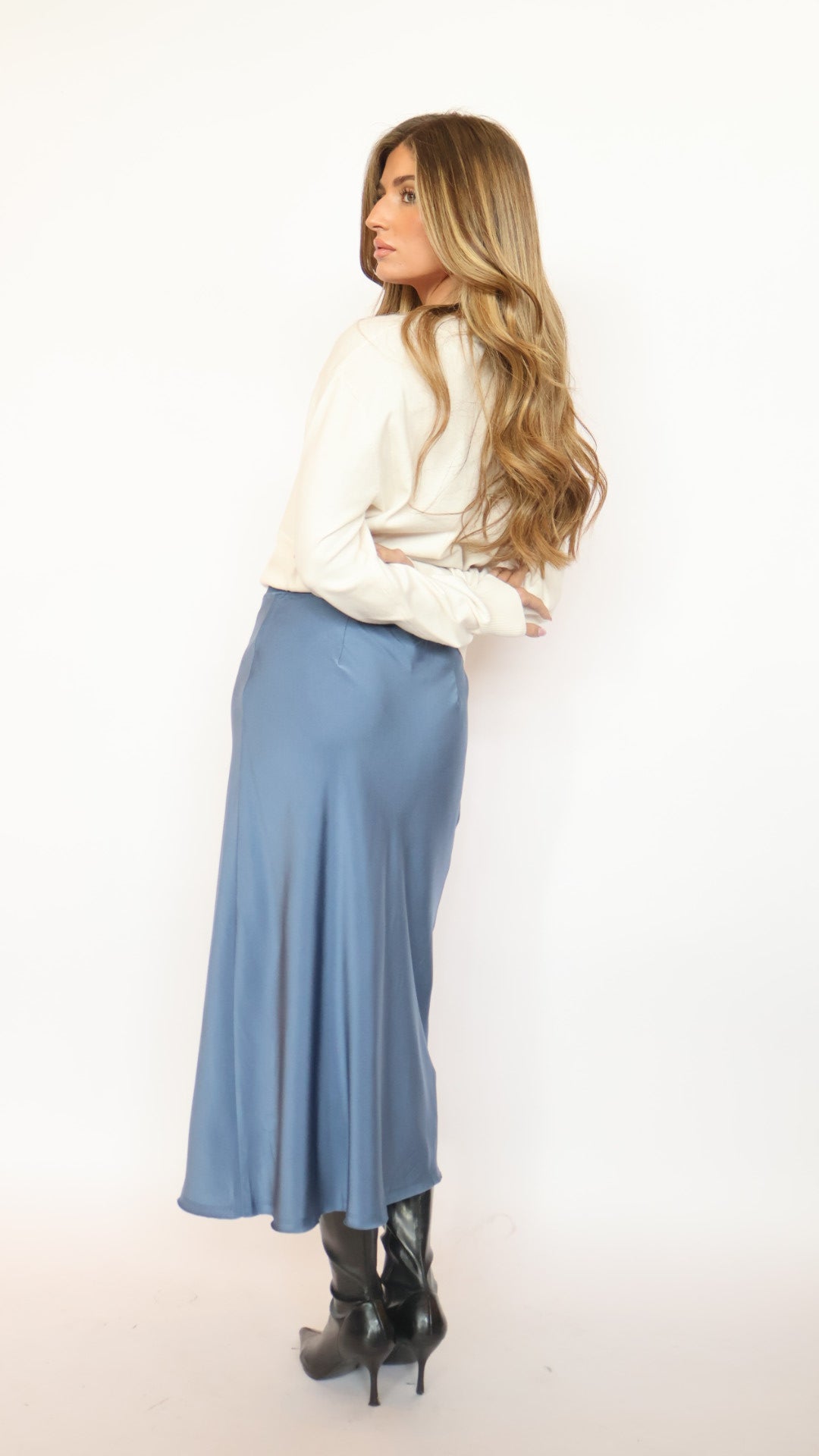 Blue Satin Midi Skirt