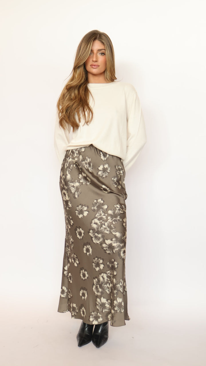 Floral Satin Elastic-waist Straight Maxi Skirt