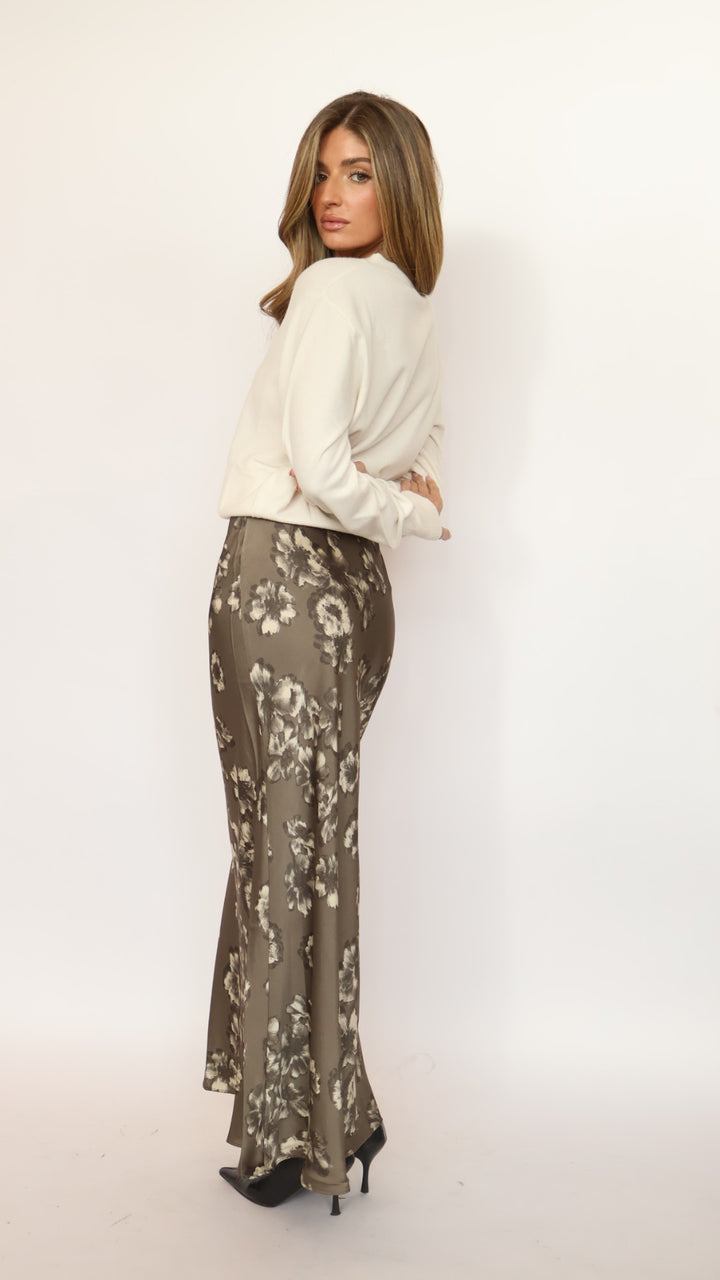 Floral Satin Elastic-waist Straight Maxi Skirt