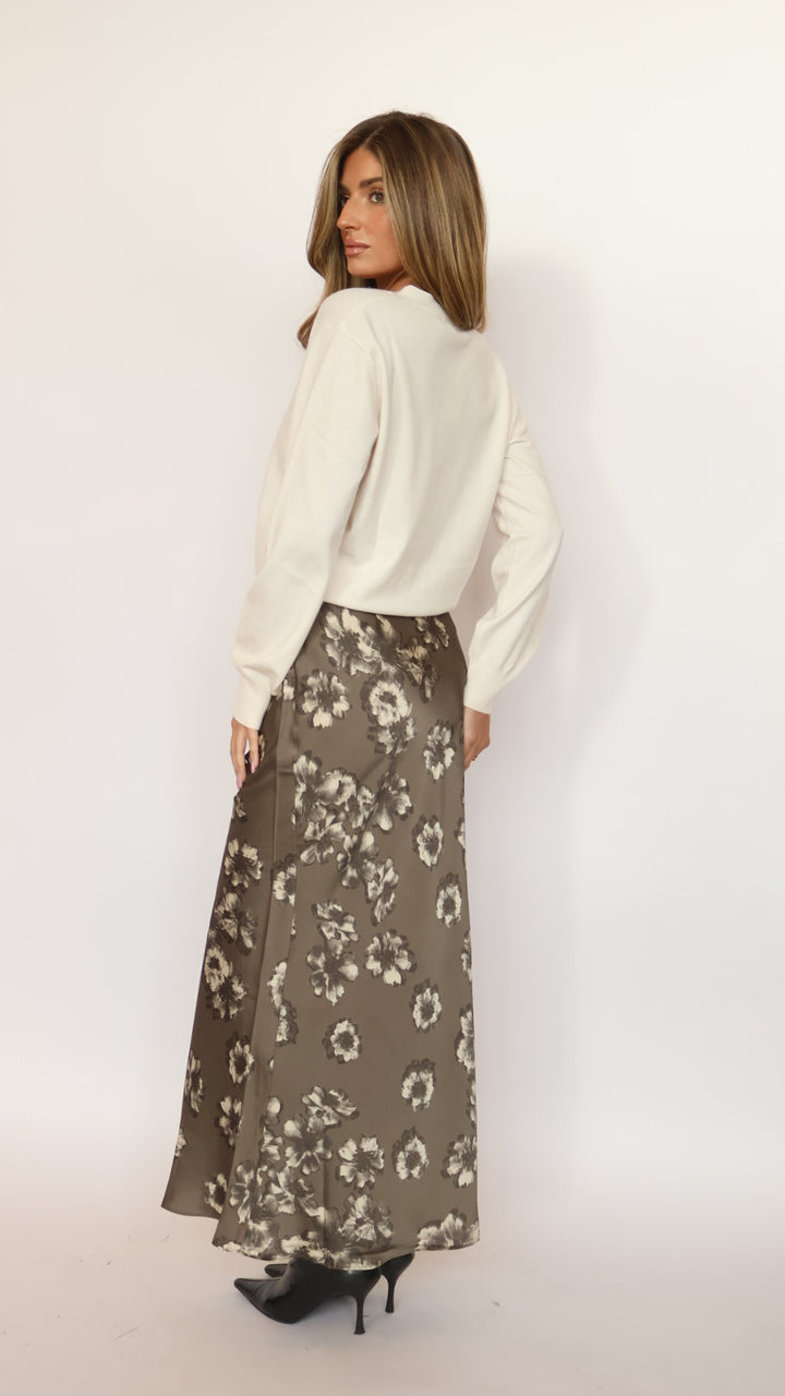 Floral Satin Elastic-waist Straight Maxi Skirt