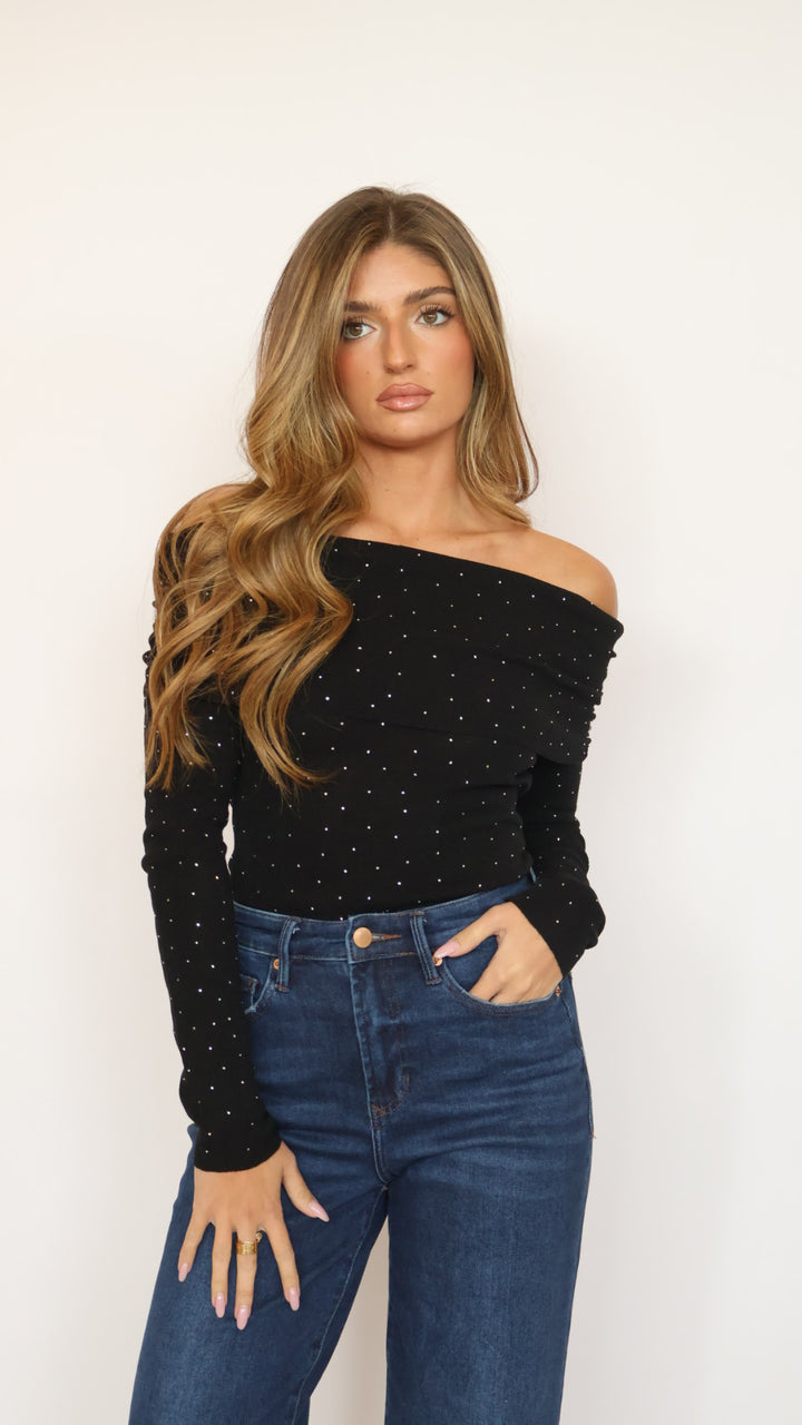 ASTR Kylin Rhinestone Off Shoulder Sweater