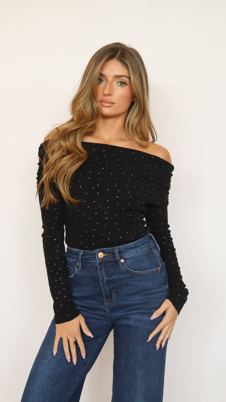 ASTR Kylin Rhinestone Off Shoulder Sweater