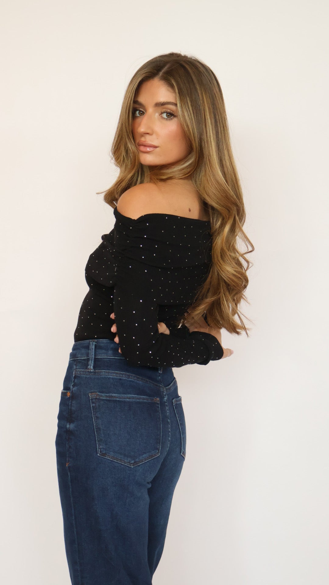 ASTR Kylin Rhinestone Off Shoulder Sweater