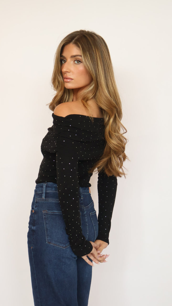 ASTR Kylin Rhinestone Off Shoulder Sweater