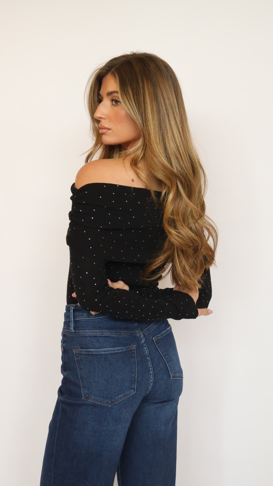 ASTR Kylin Rhinestone Off Shoulder Sweater