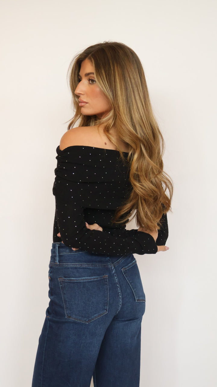 ASTR Kylin Rhinestone Off Shoulder Sweater