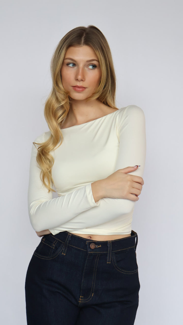 Ruched Sleeve Boat Neck Top