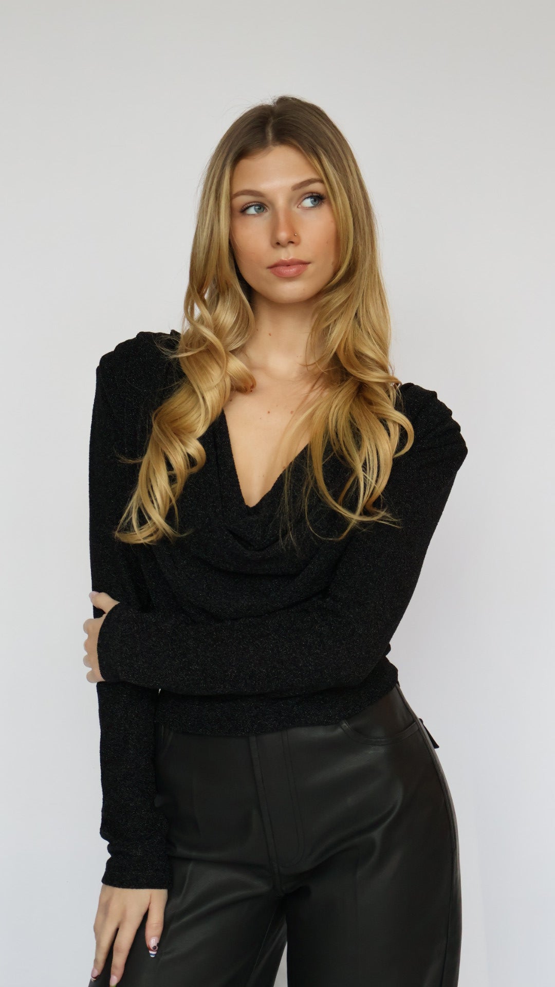 Long Sleeve Shimmer Cowl Neck Top