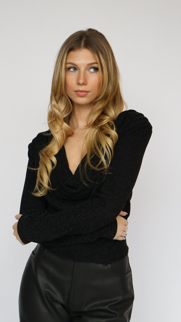 Long Sleeve Shimmer Cowl Neck Top