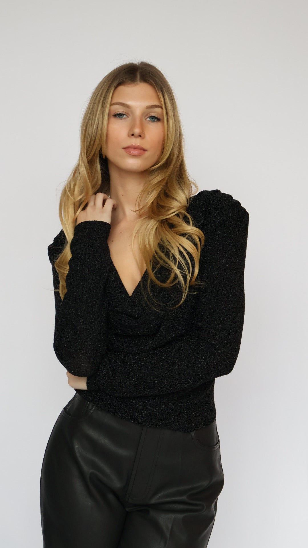 Long Sleeve Shimmer Cowl Neck Top